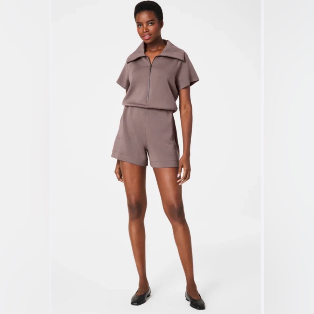 Taupe Short-Sleeve Zip Romper - Women